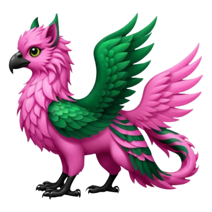 Emerald-green gryphon with a long tufted tail, black beak, pink swirly pattern markings, black claws, black tail, majestic, realistic, furry (full body) sticker