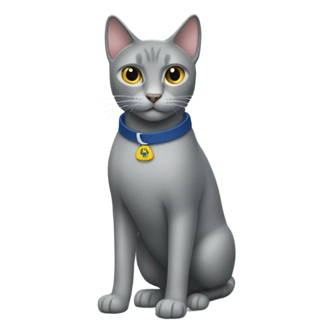 A gray cats full body standing wearing a best buy polo sticker