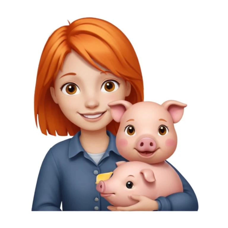 Girl with orange hair holding a pig sticker