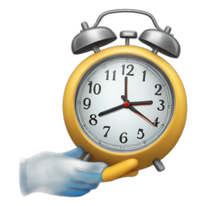 a hand wearing a blue latex glove holding an alarm clock sticker