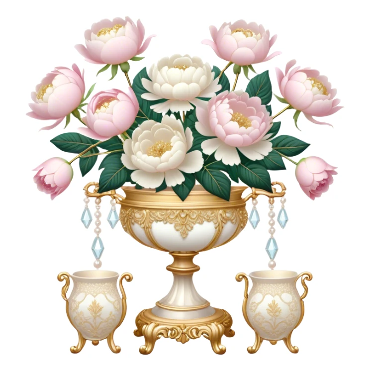 A romantic baroque-style vanity display featuring an intricate golden candelabrum, an embroidered ivory lace fan, and a crystal vase filled with white peonies and pastel pink roses, with pearl butterflies adding a whimsical touch.
 sticker