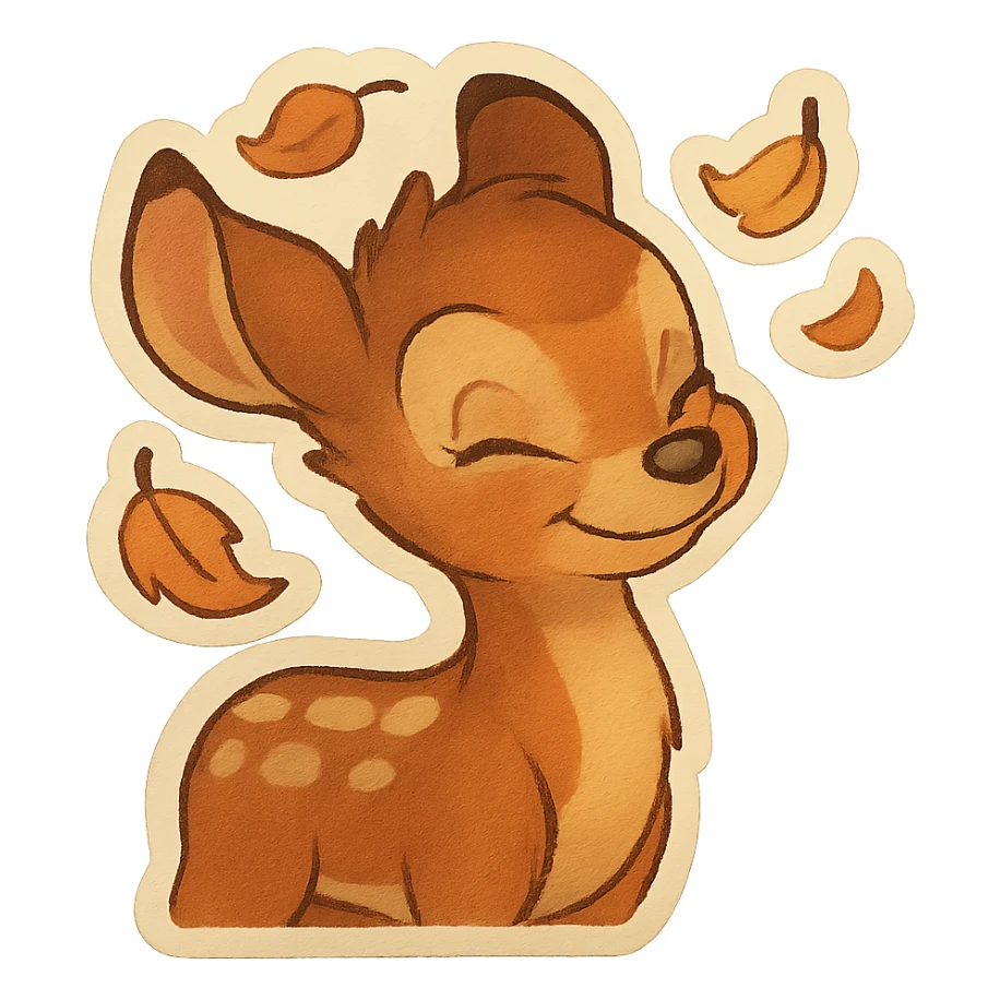 animated deer gently shaking its head with falling leaves, retro vintage style, cozy acoustic aesthetic, warm muted colors, subtle grain, soft lines, 112x112px, smooth loop, nostalgic analog mood sticker