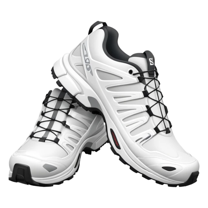 Bare minimum stylized white Salomon XT-6 sneakers in pure iOS emoji style, extremely clean lines, simplified shapes, one shoe behind the other, flat white design sticker