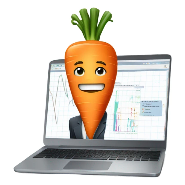 nerate a serious carrot emoji in business attire, analyzing charts and graphs on a laptop screen. sticker