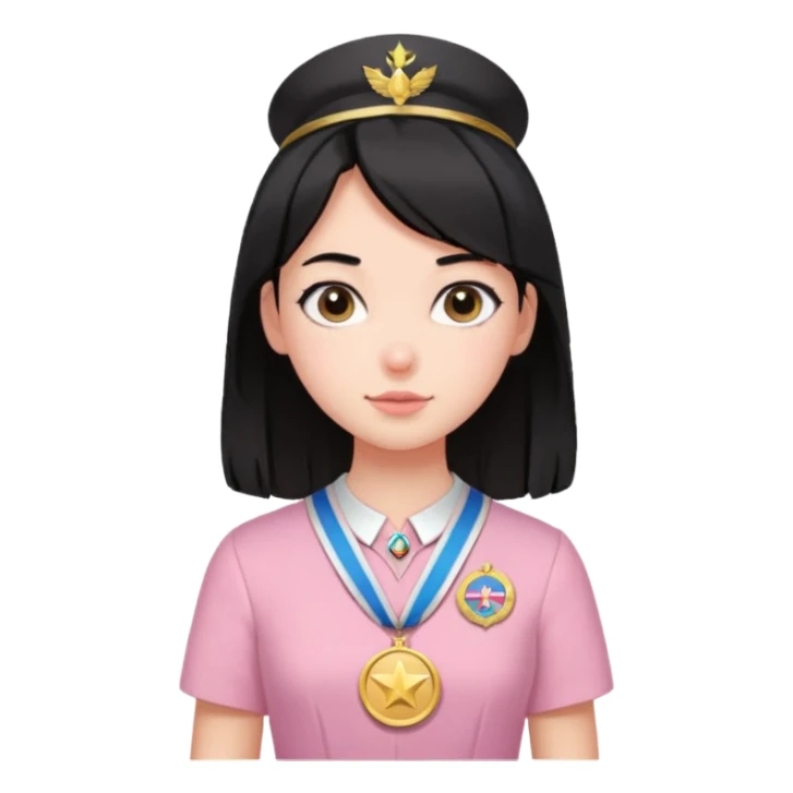 black haired girl wearing pastel pink with medals sticker