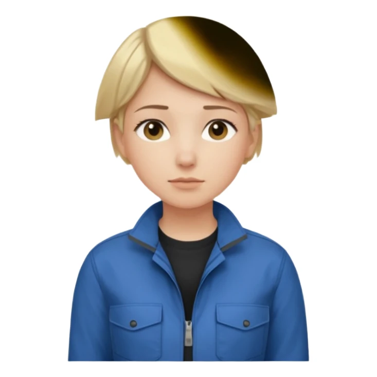 Calm and independent female engineer, fair skin, short straight blonde hair tucked behind the ears, neutral but focused expression, wearing a fitted blue utility jacket over a black crew-neck top, waist-up, front-facing sticker