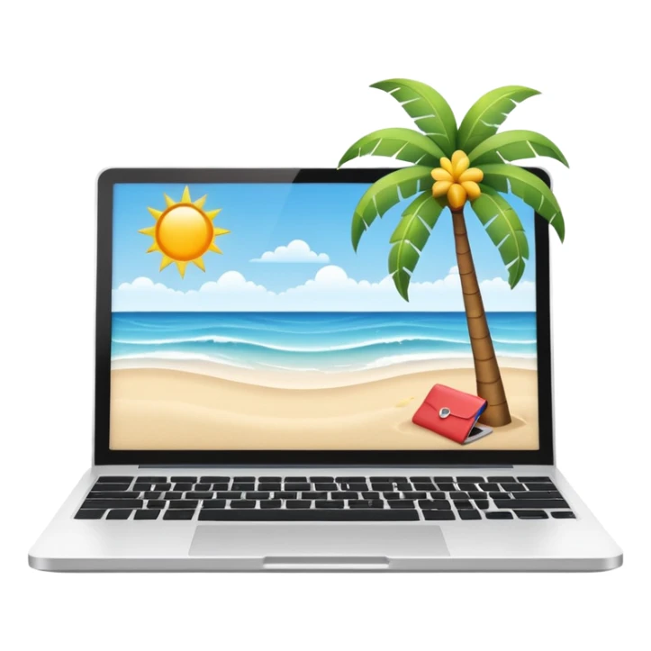 A minimalist emoji-style icon representing workation: An open laptop in the foreground on the beach. Background shows sea, sun, and a palm tree. No people, no text, clean and simple design like an emoji. sticker
