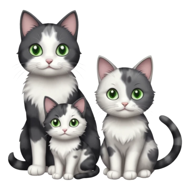 3 different coloured small cats including a dark grey and white, and a patchy calico and a completely solid dark grey with green eyes and only white paws sticker