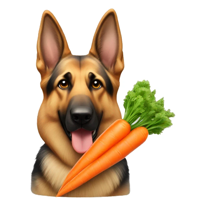 german shepherd with a very large carrot sticker