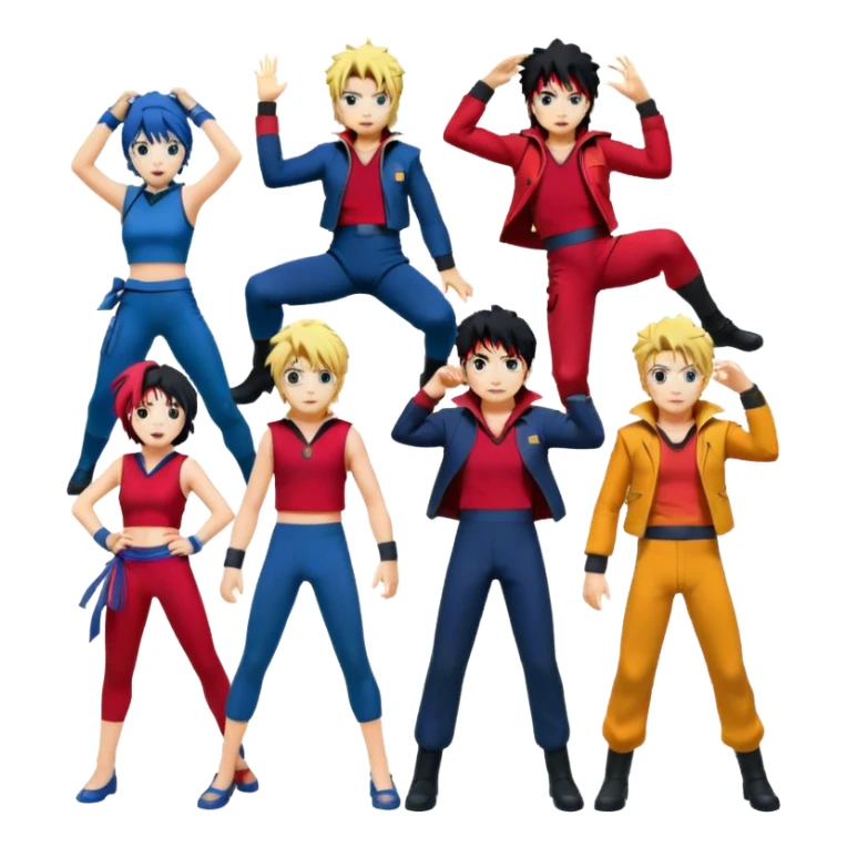 Icon for Anime Collage: Dynamic collage Characters from Cowboy Bebop, Naruto, Bishoujo Senshi Sailor Moon and Kimetsu no Yaiba, each in their iconic poses and vibrant outfits, blended together with dynamic backgrounds. Transparent background. sticker