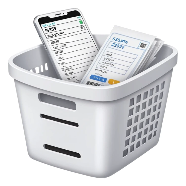email e-receipt and paper receipt in a white and white basket, and small printing receipt sticker
