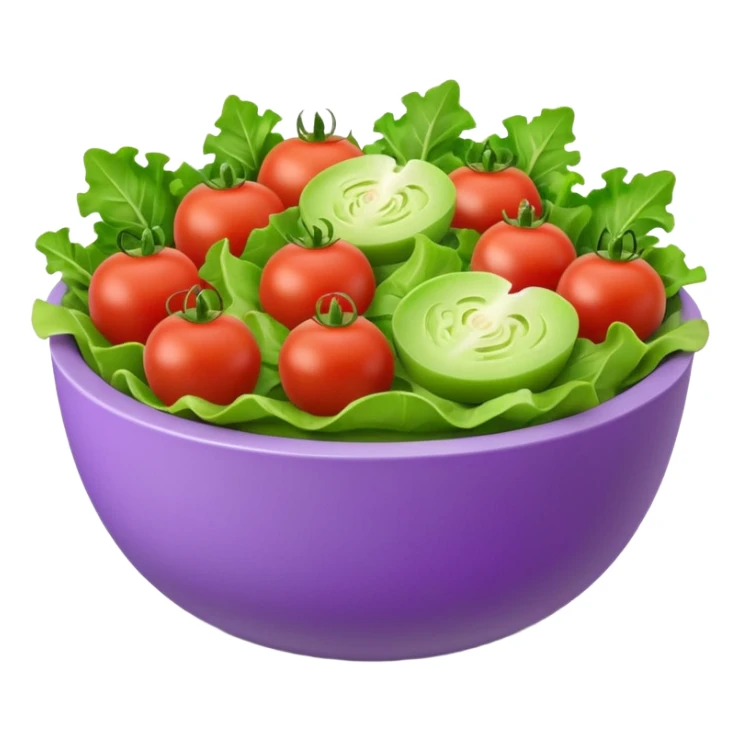 Modern premium 3D emoji icon: salad bowl (🥗), smooth rounded shapes, matte + subtle gloss, top-left studio light, soft shadow. Purple bowl with lavender rim; ingredients in natural colors. Centered, transparent background, no text. sticker