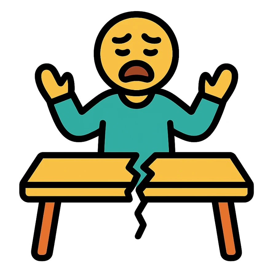 a person standing in front of a broken meeting room table, visually expressive, clear subject, icon style, simple and bold sticker