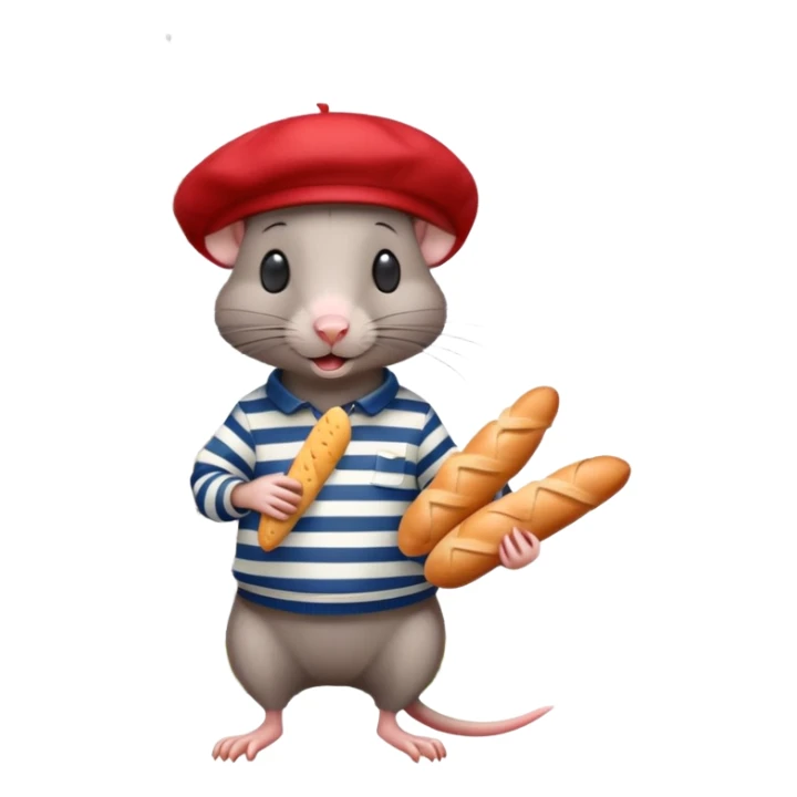 Rat wearing a beret and striped shirt holding a baguette with Eiffel Tower in background sticker
