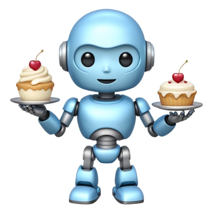 The cute robot is holding dessert in its hands, 3d emoji sticker