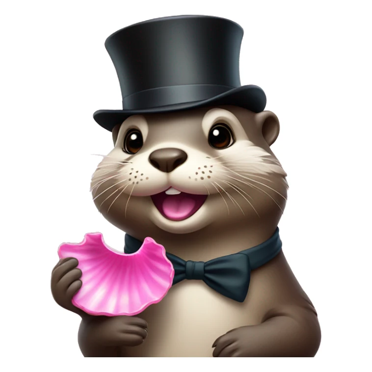 Cute Otter with glasses and top hat holding pink clam shell sticker