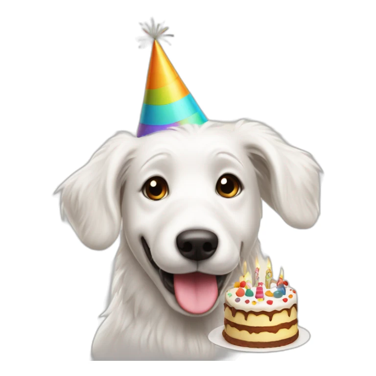 happy white dog with party hat blowing out candles on a cake sticker