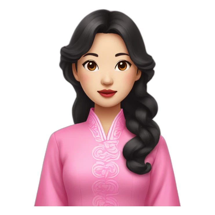 asian girl with fair lips, wavy black hair posing with pink ao dai sticker