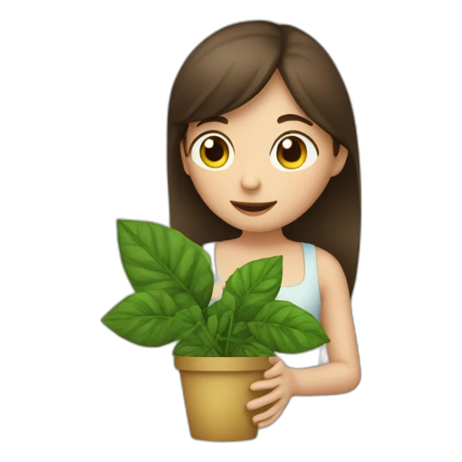 brunette haired girl eating a plant sticker