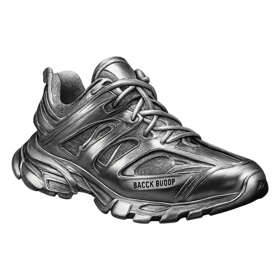 Balenciaga Track sneakers in chrome style, highly reflective metallic finish, detailed design, simple background sticker