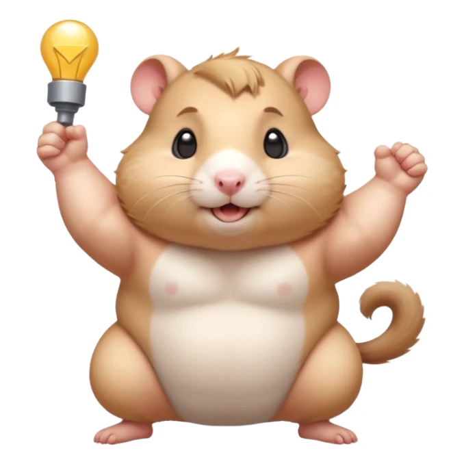 Cute chubby cartoon-style hamster flexing tiny arms like a bodybuilder, sparkles around it, triumphant expression. Painterly shading, white background, sticker-style illustration. sticker