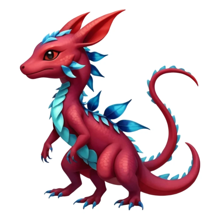 Anthropomorphic Scaley Shiny Red Maroon Sanguine Iridescent Colorful Exotic Salandit-Aurorus-Glaceon-Fakémon-hybrid-creature (full body)  sticker