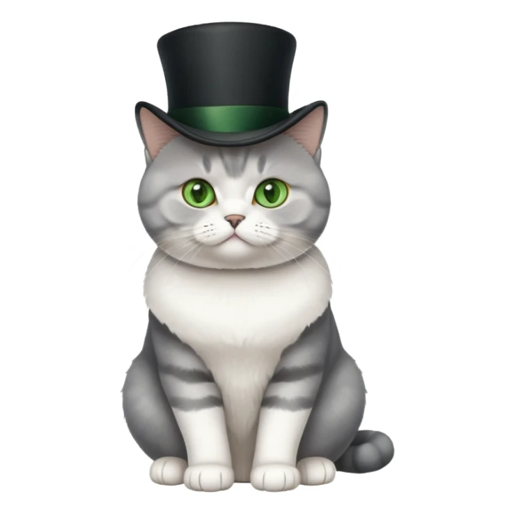 British Shorthair cat full body sitting with a top hat and green eyes sticker