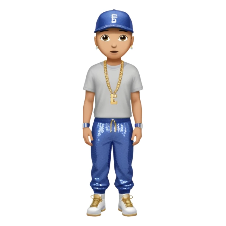 Eminem with periwinkle sequin baggy pants, shirtless with necklace sticker