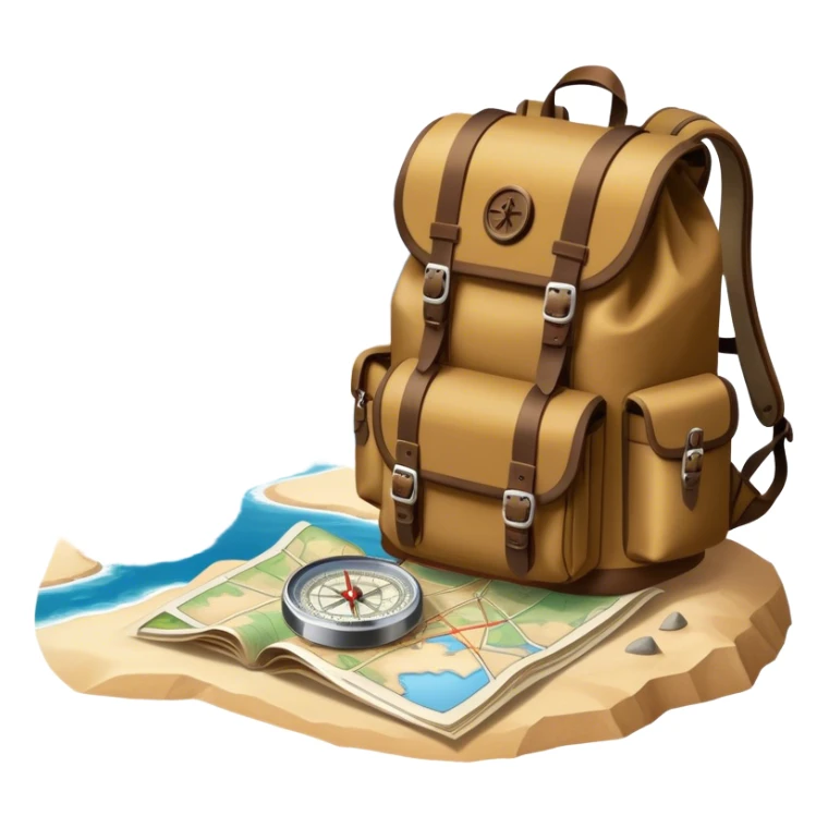 Icon for Expeditions: a compass, a map, a backpack with trekking gear, and a rugged expedition jeep, set against a backdrop of snowy mountains, sand dunes, and tropical islands. The icon should capture the spirit of adventure and exploration in diverse landscapes. Transparent background. sticker