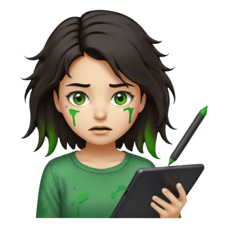 emoji holding and drawing on tablet using a stylus, looking down at screen in frustration, female, messy dark hair, green eyes, alternative/grunge style, screen slightly visible with splashes of color like a paint palette  sticker