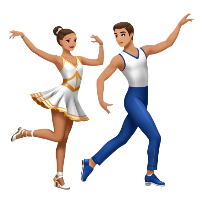 Icon for Sports Dance: a couple performing an energetic and synchronized dance, dressed in competitive dance attire, dance shoes, a rhythmically placed dance floor, and a competition backdrop. The icon should capture the athleticism, technique, and precision of sports dance. Transparent background. sticker