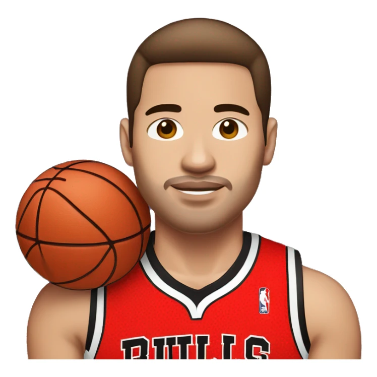 basketball player style "bitmoji snapchat", with red chicago bulls t-shirt, bitmoji with distance of camera, white skin, brown hair sticker