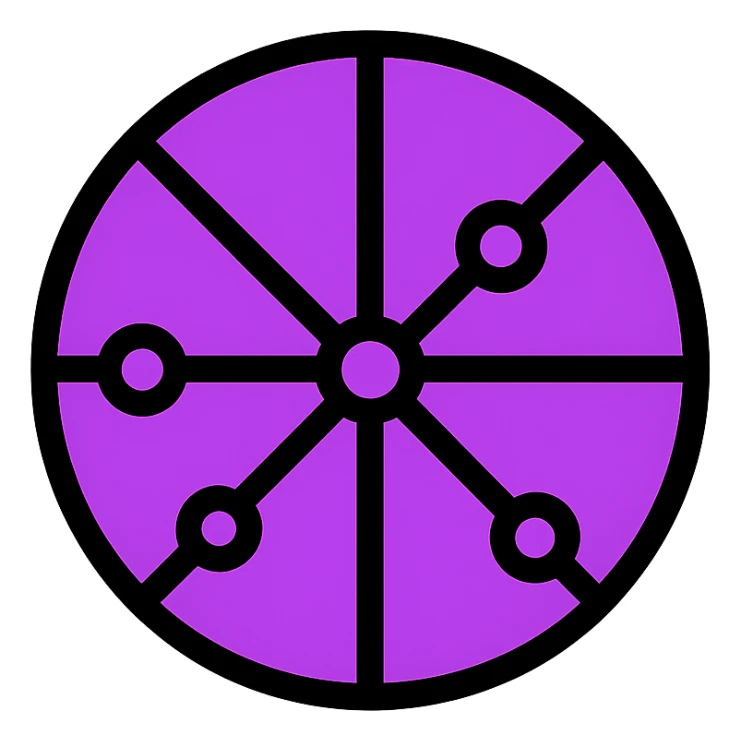 minimalist abstract icon of a global internet network, circular or hexagonal shape formed by connected points and neon-bright violet lines radiating from center to edges, on neutral or white background, highly recognizable at 18x18px sticker