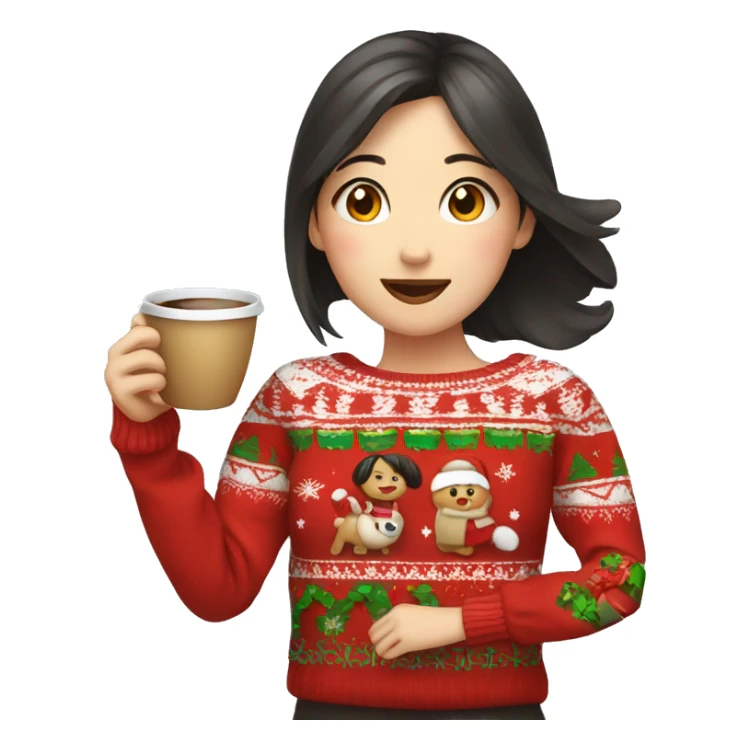 asian girl drinking coffee wearing cute Christmas sweater sticker