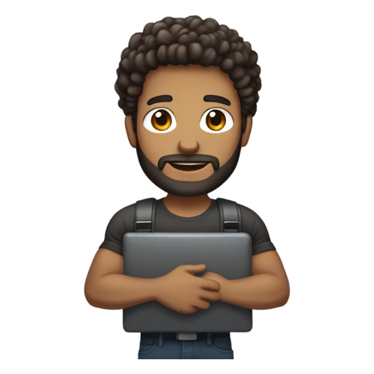 Web designer carrying a computer in his hands. light brown skin men with curly dark brown hair, brown eyes, little grown beard. imposing, muscular build. sticker