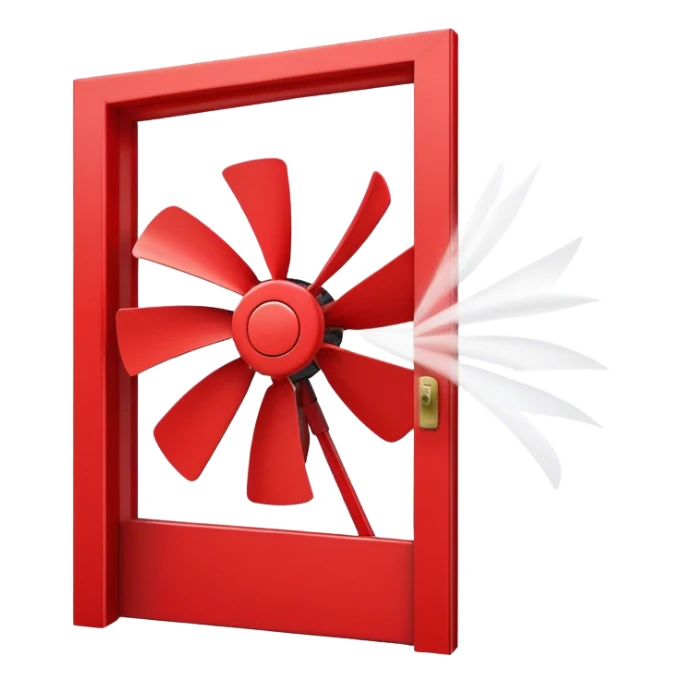 large red fan blowing air through an open red door sticker