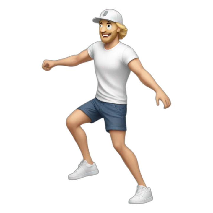 white man, t-shirt, cap and short shorts, dancing sticker
