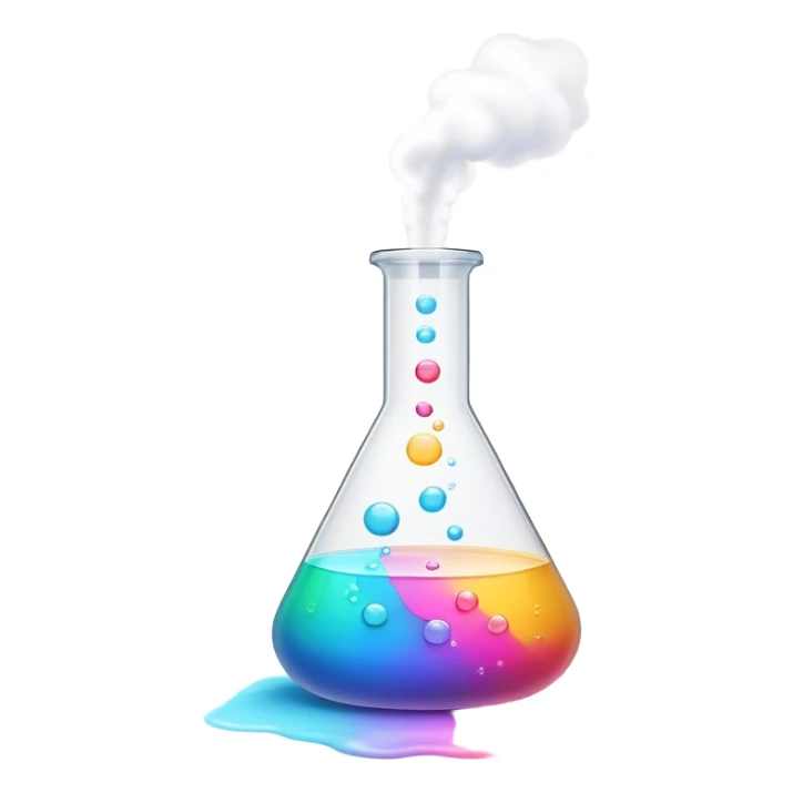 A bubbling chemistry flask filled with a glowing, colorful liquid. Tiny, unfinished emoji icons float above it, as if forming from the experiment. Soft mist rises from the flask, creating a mystical and creative atmosphere. Flat, minimalist digital illustration, empty state design, neutral background. sticker