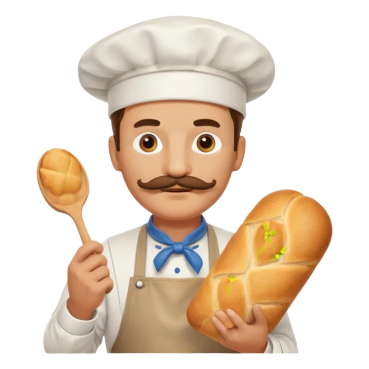 Middle aged male pastry chef - with a mustache, apron, white hat, holding bread sticker