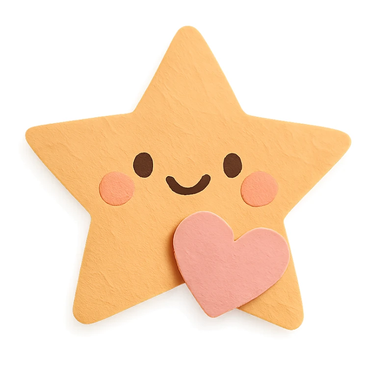 Happy pastel orange star with a tiny pastel heart in front, no arms or legs, full body, transparent background, in kawaii paper craft style. sticker