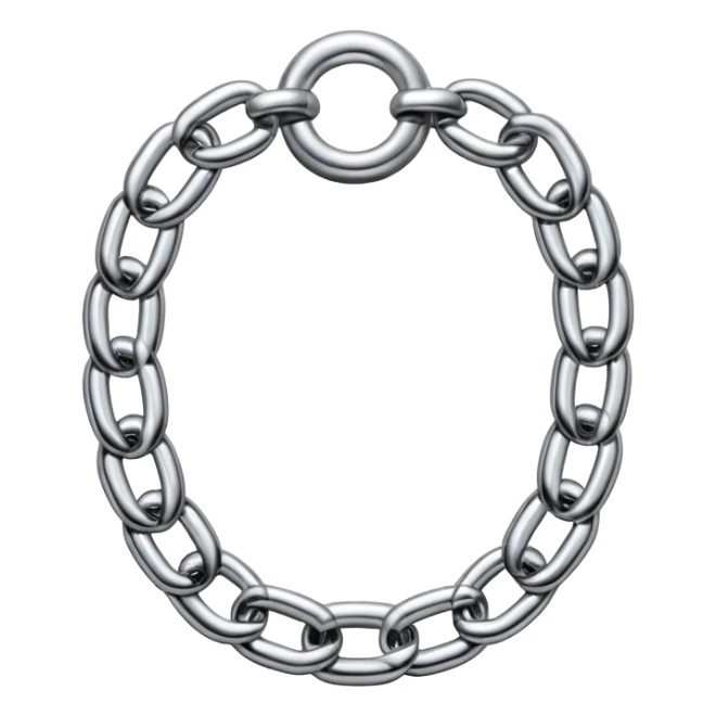 A thick luxury chain emoji made of liquid silver chrome, smooth rounded links, glossy metallic reflections, heavy swag aesthetic, minimalistic iOS emoji style, centered, clean white background sticker