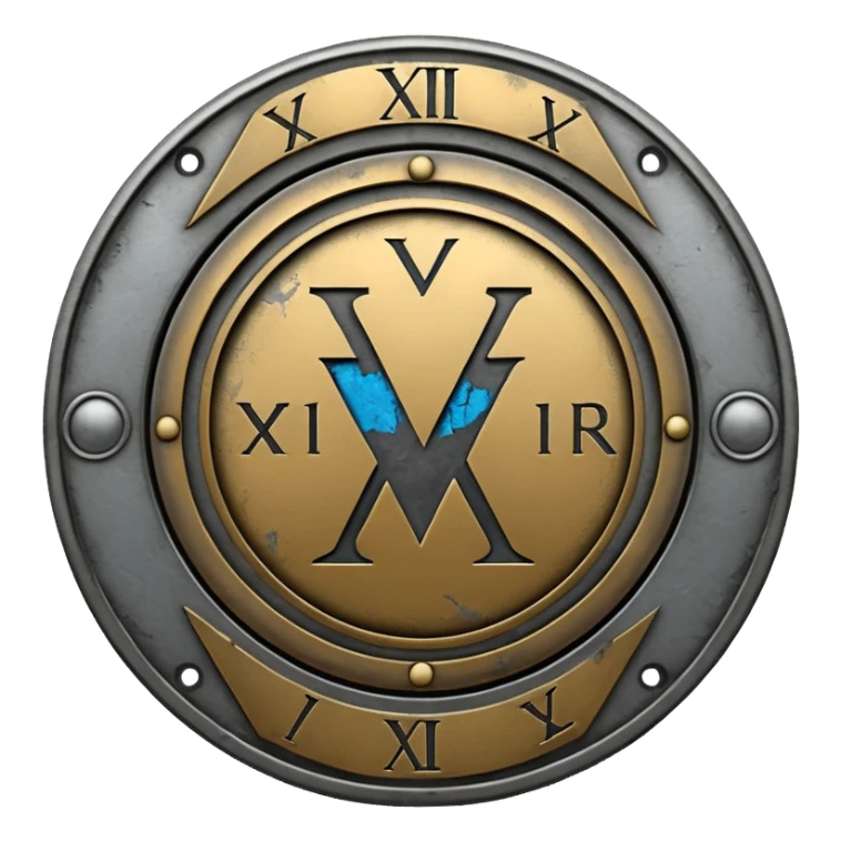 a steel badge with engraved roman numerals—looks battle worn sticker