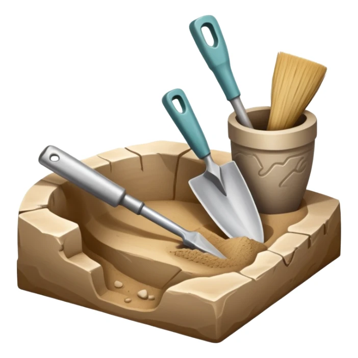 An icon showing an archaeologist’s tools: a trowel, brush, and a partially uncovered ancient artifact like a vase or tablet. The design includes a sandy excavation site with ruins in the background, symbolizing the discovery of past civilizations. Transparent background  sticker