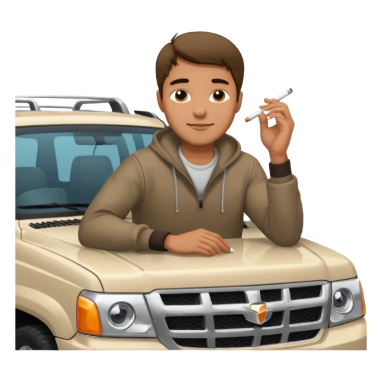 a hansome Leaning on the hood of his SUV with a cigarette sticker