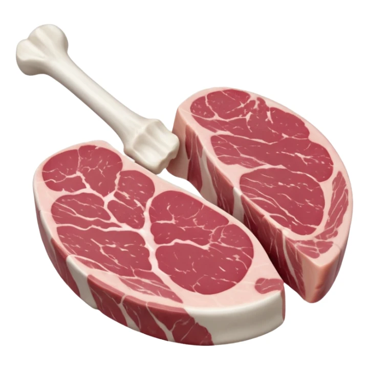 raw pork chops, one or two bone-in, soft pink meat, creamy white fat cap, curved rib bone, fresh and slightly moist, natural marbling, visible muscle grain, arranged slightly overlapping or fanned out, clean 3D look, soft lighting, no pan or seasoning, no faces, emoji scale sticker