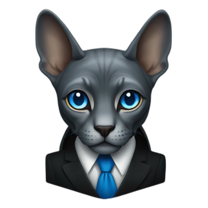 dark grey sphinx with bright blue eyes wearing black suit, portrait sticker