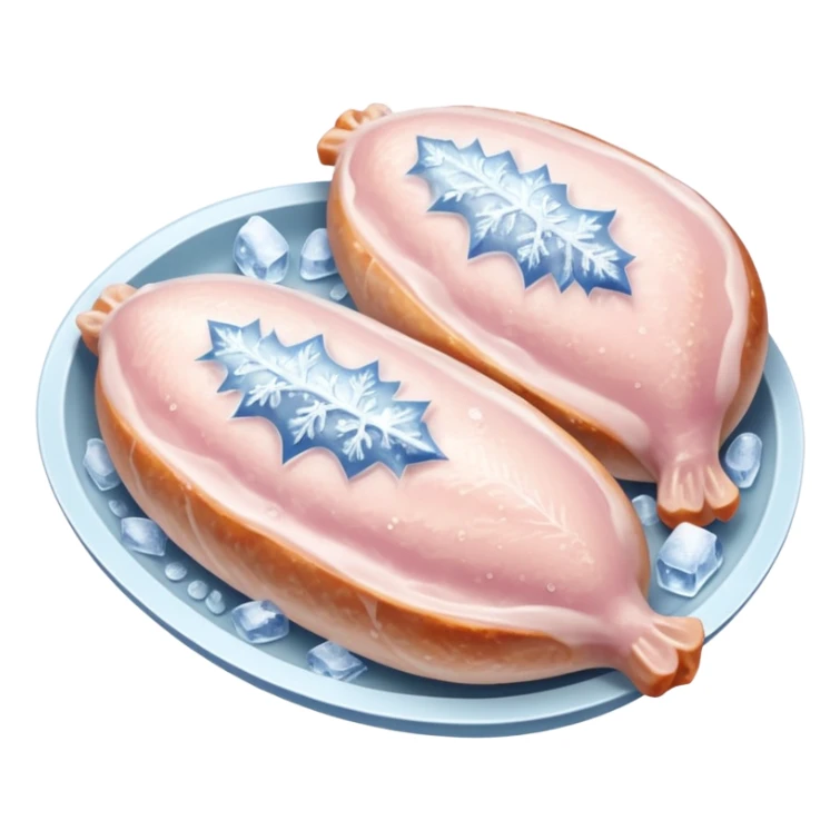 A pack of frozen chicken breasts sealed in transparent plastic packaging, covered with frost and ice crystals. The meat looks pale pink with a slight icy glaze, sitting in a freezer with cool blue lighting. Realistic detail, cold atmosphere, food photography style. sticker