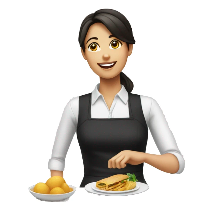 pretty female waiter showing food sticker