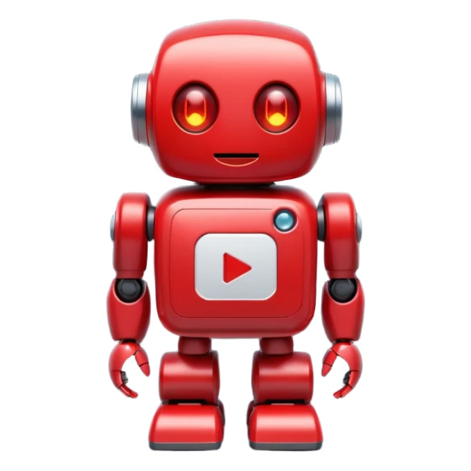 adorable red robot mascot with a big white play button on its chest, rounded body, glowing eyes, small limbs, friendly expression, futuristic, flat emoji style sticker