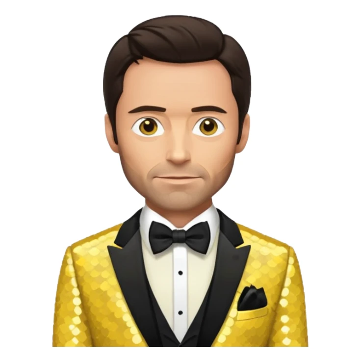 Hugh Jackman with dark brown hair, yellow sequin suit with bow tie sticker